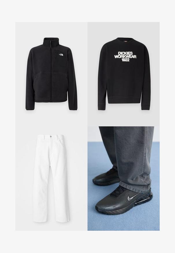 Sort fleecetrøje med fuld lynlås foran, høj krave og lynlåslomme på brystet med The North Face-logo på ensfarvet baggrund.; Sort crewneck-sweatshirt med hvidt, tekstureret tekst "DICKIES WORKWEAR 1922" på brystet, ribstrikkede manchetter og kant.; Hvide denimbukser med lige ben-design, der har en frontknap og lynlås lukning, fem lommer og en ren, tekstureret overflade.; Sorte Nike træningssko med en struktureret overdel, perforerede detaljer og en synlig luftdæmpningsenhed, parret med grå bukser.