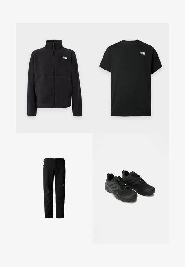 Mustast fliiskangast jakk täislukuga ees, kõrge krae ja lukuauga rinnatasku, millel The North Face logo, üheljalgsel taustal.; Mustast puuvillast lühikeste varrukatega t-särk. Paremal rinnal on valge logo. Lihtne lõige ümara kaelusega ja minimaalselt disainielemente.; Mustad mustad pükse, millel on peen disain, valmistatud vastupidavast ja kergest kangast. Omab vööd, kül Pocketeid ja logo reiel.; Mustad mustasaapad tekstureeritud ülemise osaga, vastupidav kummist talla ja tagasihoidlike peegeldavate detailidega; sisaldab kinnitussüsteemi kindla istuvuse tagamiseks.