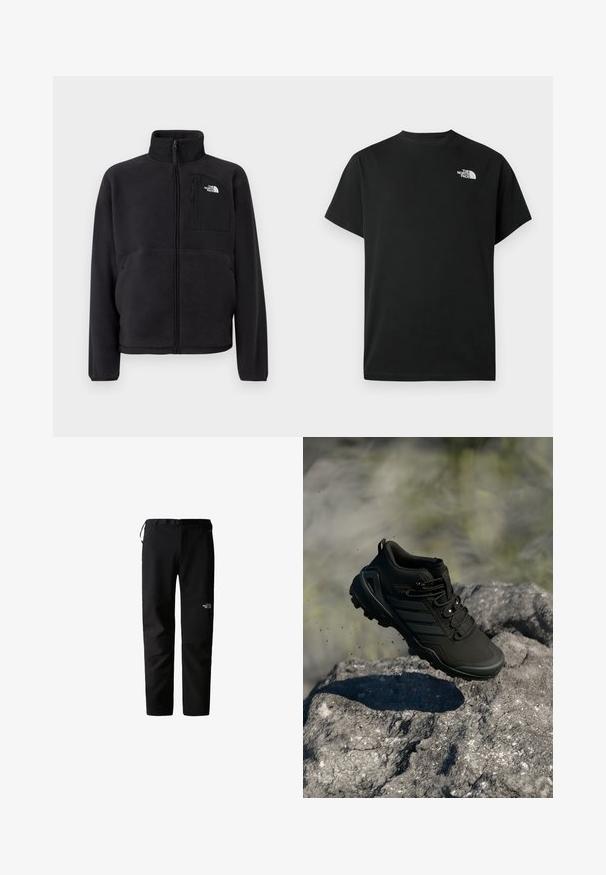 Schwarze Fleecejacke mit durchgehendem Frontreißverschluss, hohem Kragen und Reißverschlusstasche auf der Brust, der The North Face Logo auf unifarbenem Hintergrund zeigt.; Schwarzes kurzärmliges T-Shirt aus Baumwolle. Mit einem weißen Logo auf der linken Brust. Einfacher Schnitt mit rundem Ausschnitt und minimalen Designdetails.; Schwarze Outdoor-Hosen mit schlankem Design, gefertigt aus einem strapazierfähigen, leichten Stoff. Mit Gürtel, Seitentaschen und einem Logo am Oberschenkel.; Schwarzer Trail-Laufschuh mit robustem Profil schwebt über einer felsigen Oberfläche, Staubpartikel sind in der Außenszene sichtbar.