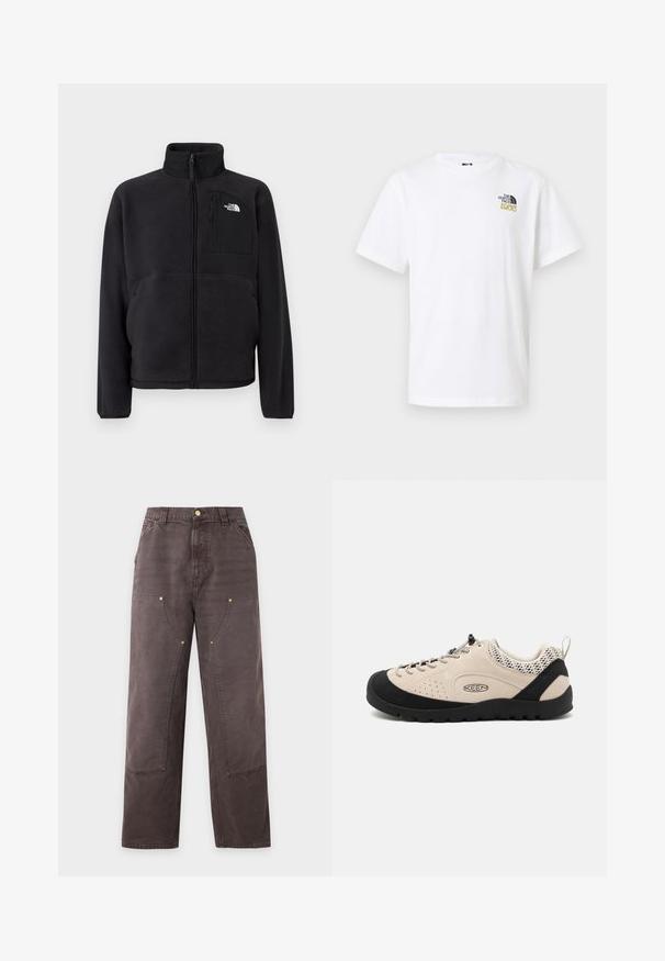 Zwarte fleecetrui met volledige voorrits, hoge kraag en borstzak met ritssluiting met het The North Face-logo op een effen achtergrond.; Witte T-shirt met korte mouwen en ronde hals, met een klein zwart-goudkleurig The North Face 1966-logo op de linkerborst.; Bruine rechtvallende broek met hoge taille, voorzakken, riemlussen en zichtbare stikseldetails op de knieën en dijen.; Beige suède schoen met zwarte rubberen neuzen en zool, voorzien van een vetersluiting en ademende mesh accenten op de hiel.
