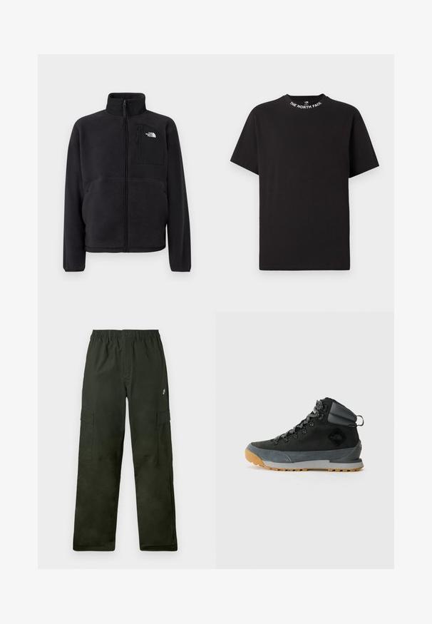Schwarze Fleecejacke mit durchgehendem Frontreißverschluss, hohem Kragen und Reißverschlusstasche auf der Brust, der The North Face Logo auf unifarbenem Hintergrund zeigt.; Schwarzes T-Shirt mit kurzen Ärmeln und Rundhalsausschnitt mit dem Schriftzug „THE NORTH FACE“ rund um den Kragen.; Cargo-Hosen aus dunkelgrünem Stoff mit elastischem Bund, ausgestattet mit zwei seitlichen Taschen und einem kleinen Logo auf der Vorderseite.; Schwarze hohe Wanderschuhe aus strukturiertem Wildleder und synthetischen Materialien, mit grauen Akzenten, einer robusten Gummisohle und grauen Schnürsenkeln.