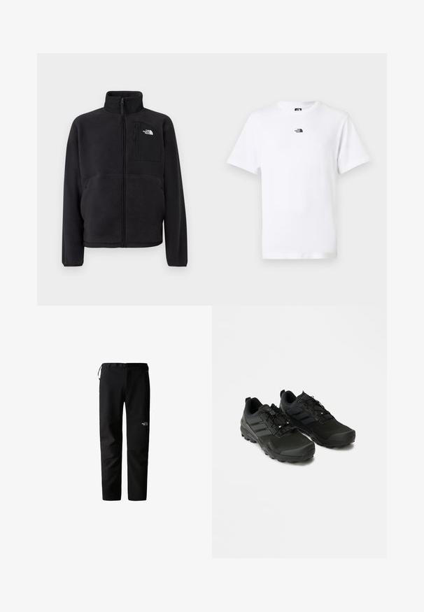 Sort fleecetrøje med fuld lynlås foran, høj krave og lynlåslomme på brystet med The North Face-logo på ensfarvet baggrund.; Hvid t-shirt med korte ærmer og rund halsudskæring, med en lille sort The North Face-logo centreret nær kraven foran.; Sorte udendørsbukser med et strømlinet design, lavet af et slidstærkt, letvægtsstof. Har bælte, sidelommer og et logo på låret.; Sorte atletiske sko med en struktureret overdel, holdbar gummisål og diskrete reflekterende detaljer; har et snøresystem for en sikker pasform.