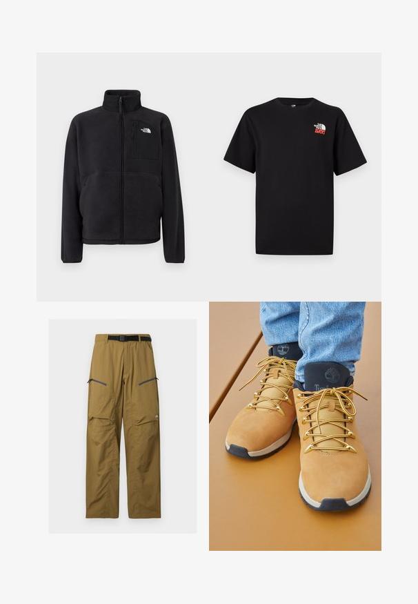 Veste polaire noire avec fermeture éclair intégrale à l'avant, col montant et poche poitrine zippée arborant le logo The North Face sur un fond uni.; T-shirt noir à manches courtes avec petit logo blanc et rouge "The North Face 1966" sur le côté gauche de la poitrine, col rond, design uni.; Pantalon de plein air kaki avec ceinture noire réglable, deux poches zippées sur les cuisses et coutures au niveau des genoux, présenté sur un fond uni.; Bottes de randonnée beiges avec une tige en suede, accents métalliques dorés et un col rembourré noir. Elles sont dotées de lacets texturés et d'une semelle contrastante.