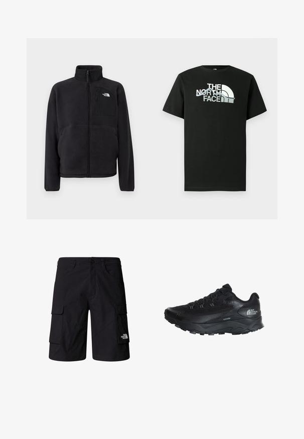 Chaqueta de vellón negra con cremallera frontal completa, cuello alto y bolsillo en el pecho con cremallera que lleva el logo de The North Face sobre un fondo liso.; Camiseta negra de algodón con un diseño de logo impreso en blanco y gris, mangas cortas y cuello redondo.; Bermudas negras de carga hechas de tela ligera, con dos bolsillos laterales, dos bolsillos de carga y un logo de marca en la parte inferior de la pierna derecha.; Zapatilla deportiva negra con parte superior de malla transpirable, suela de goma, acentos texturizados y punta reforzada para mayor durabilidad.