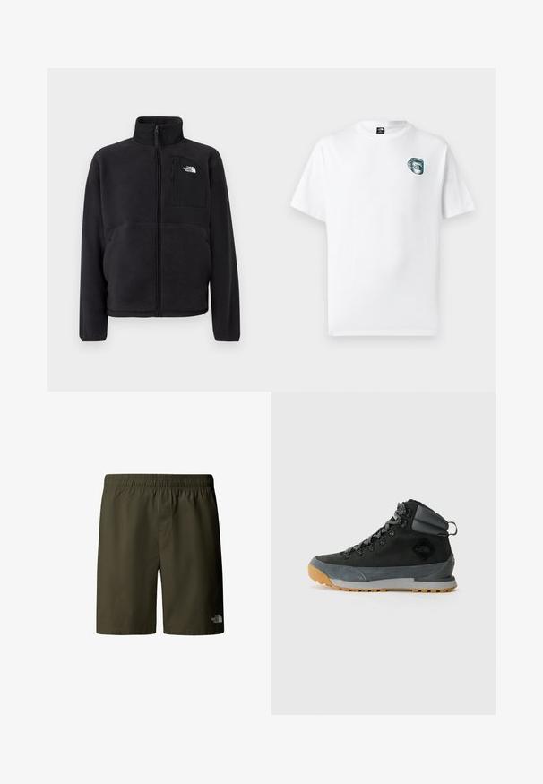 Chaqueta de vellón negra con cremallera frontal completa, cuello alto y bolsillo en el pecho con cremallera que lleva el logo de The North Face sobre un fondo liso.; Camiseta blanca de manga corta con gráfico pequeño de una taza verde y el logotipo de "The North Face" en el pecho izquierdo.; Pantalones cortos de carga verde olivo con cintura elástica y cordón, con un pequeño logo en el lado inferior derecho. Tela suave y ligera.; Botas de senderismo negras de caña alta, hechas de ante texturizado y materiales sintéticos, con acentos grises, suela de goma robusta y cordones grises.