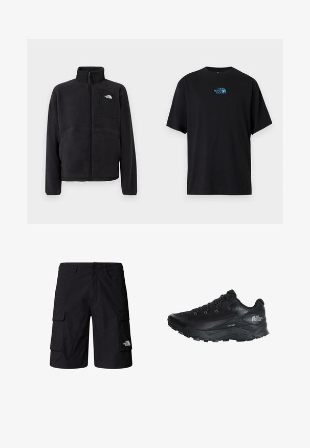 Schwarze Fleecejacke mit durchgehendem Frontreißverschluss, hohem Kragen und Reißverschlusstasche auf der Brust, der The North Face Logo auf unifarbenem Hintergrund zeigt.; Schwarzes Baumwoll-T-Shirt mit rundem Ausschnitt und kurzen Ärmeln, mit einem türkisfarbenen "The North Face"-Logo auf der Brust.; Schwarze Cargo-Shorts aus leichtem Stoff, ausgestattet mit zwei Seitentaschen, zwei Cargotaschen und einem Markenlogo am unteren rechten Bein.; Schwarzer Sportschuh mit einem atmungsaktiven Mesh-Obermaterial, Gummisohle, strukturierten Akzenten und verstärkter Zehenkappe für Langlebigkeit.