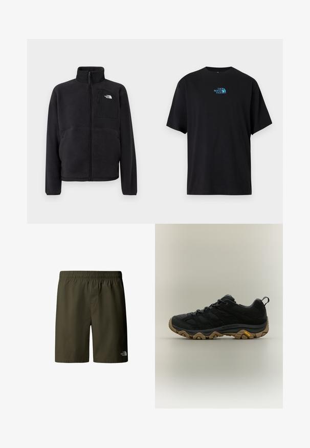 Sort fleecetrøje med fuld lynlås foran, høj krave og lynlåslomme på brystet med The North Face-logo på ensfarvet baggrund.; Sort bomuld T-shirt med rund halsudskæring og korte ærmer, med en turkis logo af "The North Face" på brystet.; Olivenfarvede cargo shorts med elastisk talje og snøre, der har et lille logo på nederste højre side. Glat, let materiale.; Sort vandresko med brun tekstureret Vibram-sål og trækflig på hælen, vist i sideprofil på neutral baggrund.
