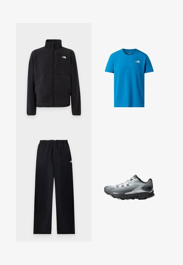 Zwarte fleecetrui met volledige voorrits, hoge kraag en borstzak met ritssluiting met het The North Face-logo op een effen achtergrond.; Blauwe T-shirt met korte mouwen, gemaakt van gladde stof, met een klein wit logo op de linkerborst. Klassiek rond decolleté ontwerp.; Zwarte broek met rechte pijpen en elastische taille, met een klein wit logo op de bovenste rechterdij, plat uitgestald op een lichte achtergrond.; Trailrun schoenen met een grijs en zwart kleurenschema, bovenwerk van gaas, stevige zool en gestructureerde accenten voor grip.