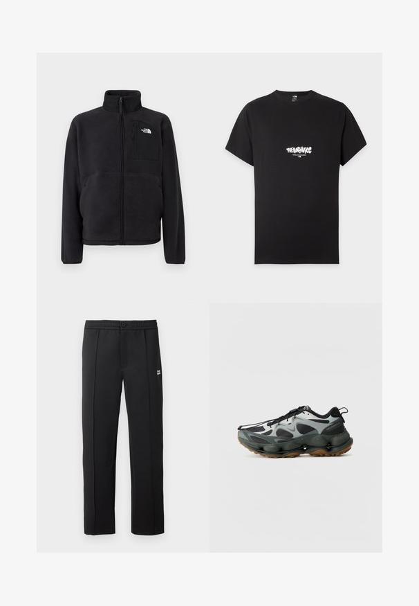 Zwarte fleecetrui met volledige voorrits, hoge kraag en borstzak met ritssluiting met het The North Face-logo op een effen achtergrond.; Zwart T-shirt met korte mouwen met wit "The North Face" logo en "Never Stop Exploring" tekst gecentreerd op de borst.; Zwarte broek van gladde stof, met een knoopsluiting, zijzakken en een klein logo aan de voorkant. Rechte pijpen.; Zwarte en grijze sportschoenen met een bovenwerk van mesh, een sculptuurzool en een rubberen buitenzool. Voorzien van een veilig vetersysteem en een trekband aan de hiel.