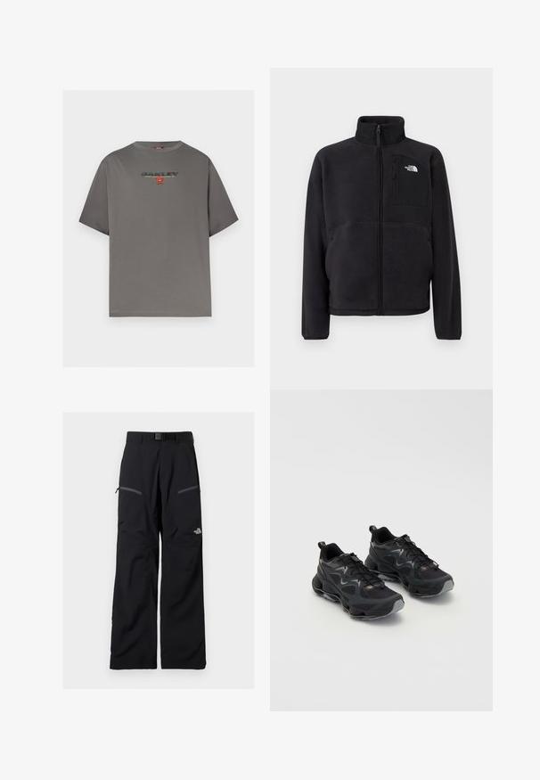 Veste polaire noire avec fermeture éclair intégrale à l'avant, col montant et poche poitrine zippée arborant le logo The North Face sur un fond uni.; T-shirt gris à manches courtes avec le logo "OAKLEY" et un petit graphisme rouge centré sur la poitrine, présenté sur un fond blanc uni.; Pantalon de plein air noir avec ceinture ajustable, deux poches cuisses zippées et le logo The North Face sur la jambe droite.; Chaussures de sport noires avec une tige en maille texturée, dotées d'une semelle épaisse, d'un système de laçage et de subtils accents gris.