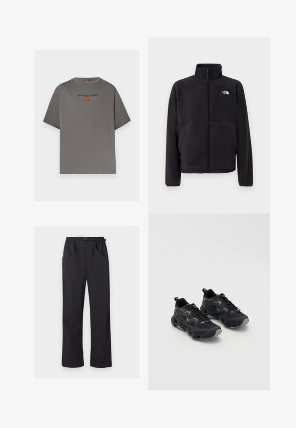 Veste polaire noire avec fermeture éclair intégrale à l'avant, col montant et poche poitrine zippée arborant le logo The North Face sur un fond uni.; T-shirt gris à manches courtes avec le logo "OAKLEY" et un petit graphisme rouge centré sur la poitrine, présenté sur un fond blanc uni.; Pantalon noir à jambe droite avec taille élastique et ceinture ajustable à boucle, doté de poches avant et latérales.; Chaussures de sport noires avec une tige en maille texturée, dotées d'une semelle épaisse, d'un système de laçage et de subtils accents gris.