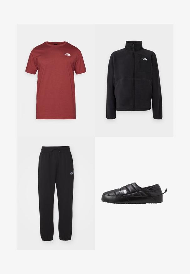 Schwarze Fleecejacke mit durchgehendem Frontreißverschluss, hohem Kragen und Reißverschlusstasche auf der Brust, der The North Face Logo auf unifarbenem Hintergrund zeigt.; The North Face M SS BOX NSE TEE - T-Shirt print - sumac/asphalt grey; Schwarze Jogginghose aus weichem Stoff, mit einem elastischen Bund und Kordelzug, Bündchen an den Knöcheln und einem kleinen Logo am Oberschenkel.; Schwarzer Slipper mit gestepptem Design, aus gepolstertem Material gefertigt. Verfügt über eine strukturierten Gummisohle und eine kleine Lasche hinten.
