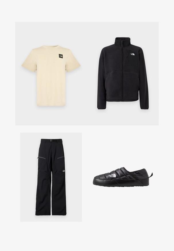 Veste polaire noire avec fermeture éclair intégrale à l'avant, col montant et poche poitrine zippée arborant le logo The North Face sur un fond uni.; T-shirt beige à manches courtes en coton, avec un petit logo carré noir sur la partie supérieure gauche de la poitrine. Col rond simple.; Pantalon de plein air noir avec ceinture ajustable, deux poches cuisses zippées et le logo The North Face sur la jambe droite.; Chaussure noire à enfiler avec un design matelassé, fabriquée en matériau rembourré. Elle présente une semelle en caoutchouc texturée et une petite languette à l'arrière.