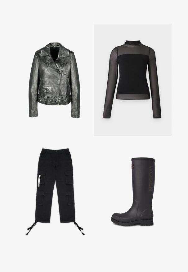 Chaqueta de moto de cuero gris metálico con cintura ajustada con cinturón, cuello afilado, frente con cremallera y bolsillos con botones; cuenta con un acabado texturizado.; Top negro de manga larga con cuello alto, cuerpo sólido y mangas transparentes, diseño ajustado. Textura suave, estilo minimalista.; Pegador TANAMI WIDE PANTS - Pantalones cargo - black; Bota alta de goma negra con acabado texturizado, logo de WODEN en el lateral y suela reforzada con acentos moteados.