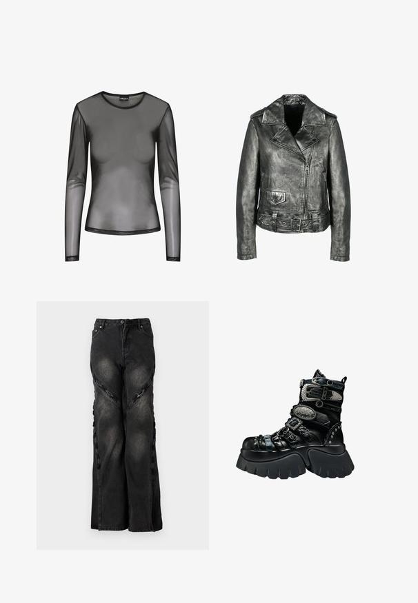 Metallisch graue Leder-Bikerjacke mit tailliertem Bund, spitzem Kragen, Reißverschluss vorne und geknöpften Taschen; zeichnet sich durch eine strukturierte Oberfläche aus.; Schwarzes langärmliges Mesh-Oberteil mit rundem Ausschnitt, aus transparentem Stoff und figurbetonter Passform. Die Ränder sind mit schwarzer Naht versehen.; Schwarze Denim-Jeans mit weitem Bein, versehen mit Kettenakzenten entlang der seitlichen Nähte und einem Knopf- sowie Reißverschluss am Bund.; Schwarzer Plateau-Stiefel mit dicker Sohle, mehreren strukturierten Riemen, silbernen Schnallen, dekorativen Metallelementen und genieteten Details.