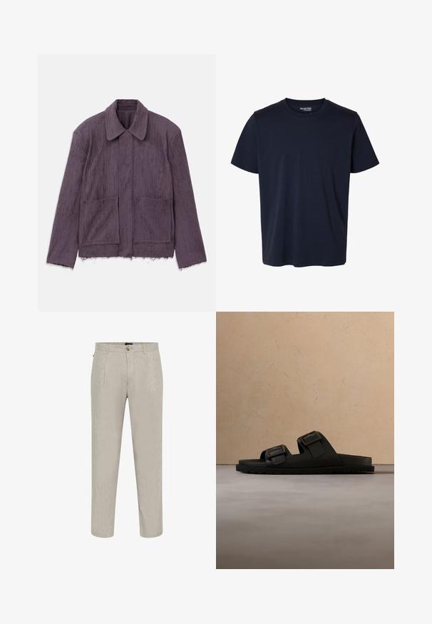 Chaqueta morada texturizada con collar, dos bolsillos frontales y dobladillo desflecado. Fabricada con un material ligero con un sutil patrón de rayas.; Camiseta azul marino lisa de manga corta con cuello redondo y una pequeña etiqueta de marca impresa dentro del cuello.; Pantalones de lino beige con un acabado texturizado, que cuentan con un diseño de pierna recta, dos bolsillos frontales y un cierre de botón en la cintura.; Sandalia de diapositivas negra con dos hebillas ajustables plateadas, descansando sobre una alfombra beige texturizada, cerca de una mesa de café redonda de madera con libros apilados.