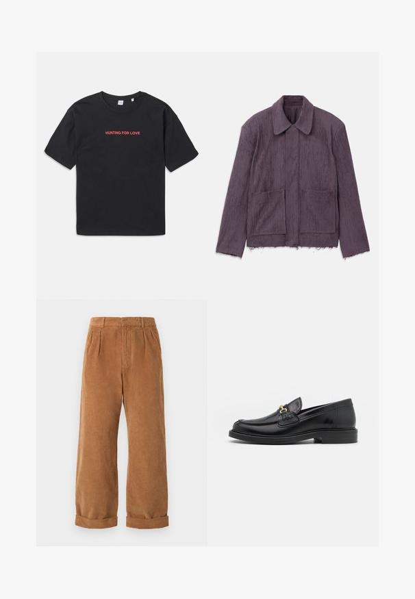 Veste texturée violette avec un col, deux poches avant et un ourlet effiloché. Fabriquée en matériau léger avec un motif rayé subtil.; T-shirt en coton noir à manches courtes, arborant le texte rouge "HUNTING FOR LOVE" brodé sur la poitrine. Coupe simple et décontractée.; Pantalons en velours côtelé marron avec une coupe évasée, dotés de plis à l'avant et de ourlets retroussés. Le tissu a un aspect texturé et côtelé.; Mocassins en cuir noir avec un embout rond, présentant des accents en métal doré et des détails de couture, montés sur une semelle en caoutchouc texturé et basse.