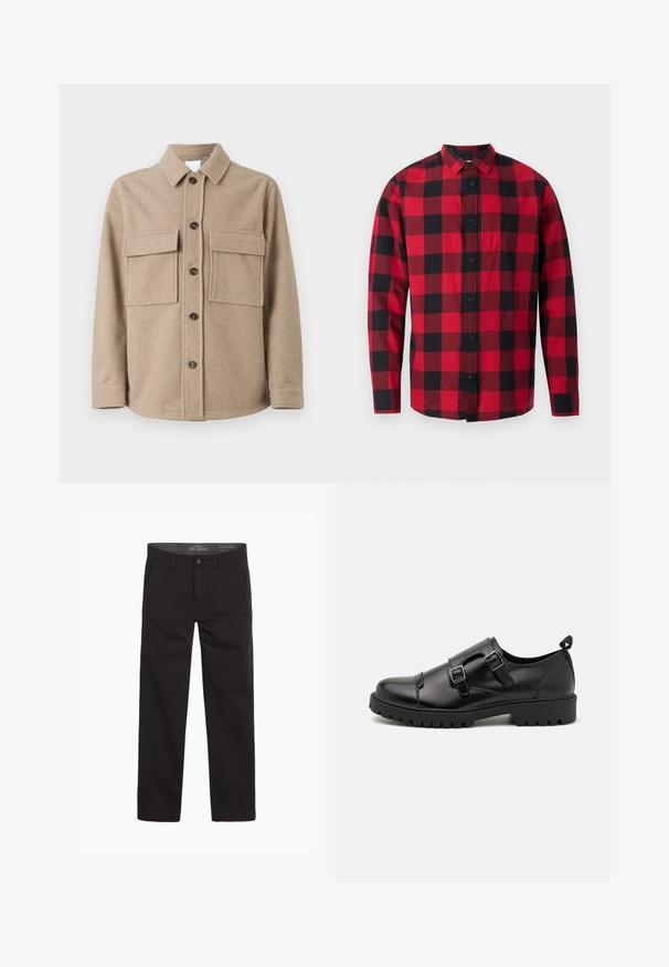 Only & Sons ONSKANE SHACKET - Chaqueta fina - timber wolf; Camisa de franela a cuadros en rojo y negro con cierre de botones en la parte delantera, mangas largas y cuello. Presenta un clásico patrón de cuadro.; Pantalones de algodón negros con una textura suave, diseño de pierna recta, cremallera en la bragueta y dos bolsillos frontales; estilo minimalista y versátil.; Pier One Mocasines elegantes - black