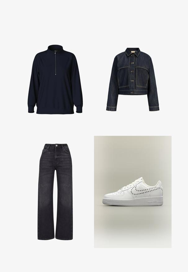 Veste en jean bleu foncé courte avec manches longues, fermeture avant à boutons et détails de couture contrastants.; Pull-over en sweatshirt navy avec un col haut, une fermeture éclair à moitié sur le devant et des manches raglan. Tissu doux avec une coupe décontractée et des poignets côtelés.; 2Y Studios NAYA BASIC LIGHT - Wide Leg - washed black; Baskets basses blanches avec motif Nike swoosh perforé sur le côté, lacets blancs et semelle texturée sur fond neutre.