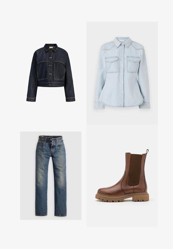 Mørkeblå cropped denimjakke med lange ærmer, lukning med knapper foran og kontrastsyninger.; Lyseblå denimskjorte med tætsiddende design, spids krave, to brystlommer og kontraststing. Har knaplukning og lange ærmer.; Blå denimjeans med lige ben, der har synlige sømme, en lynlås, og fem lommer. Udsatte områder tilføjer tekstur.; Brune læder ankelstøvle med elastiske paneler og en trækflap. Har en kraftig gummisål og synlige stikninger langs kanterne.