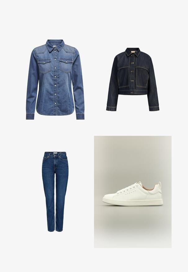 Tumesinine lühendatud teksajakk pikkade varrukatega, esikinnis nuppudega ja kontrastõmbluse detailidega.; Tumedates denim särk, millel on kaelus, pikad varrukad, kahekordsed rinnataskud ja kontrastsed õmblused.; Tumesinised teksapüksid sirge säärega, kõrge vöökohaga, viie taskuga, heleda õmblusega ja peene tekstuuriga viimistlusega.; Valge madala säärega tossud paeltega, külgedel perforatsiooniga ja kanna tagant tõmblukuga, neutraalse taustaga.