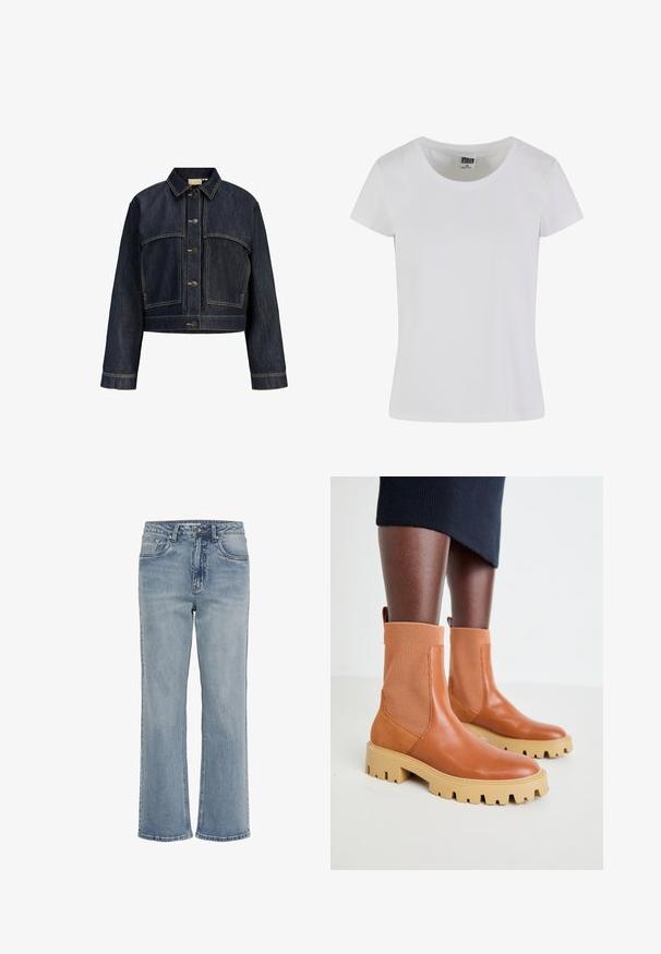 Veste en jean bleu foncé courte avec manches longues, fermeture avant à boutons et détails de couture contrastants.; T-shirt blanc à manches courtes en coton. Il présente une encolure arrondie et une coupe cintrée. L'étiquette indique "URBAN CLASSICS".; Jean en denim bleu clair à coupe droite, taille haute, style cinq poches, avec des ourlets légèrement effilochés. Coutures classiques sur toute la surface.; Bottes chelsea en cuir marron avec des panneaux élastiques nervurés, semelle chunky beige et détail de tirage ; design contemporain avec une finition texturée.