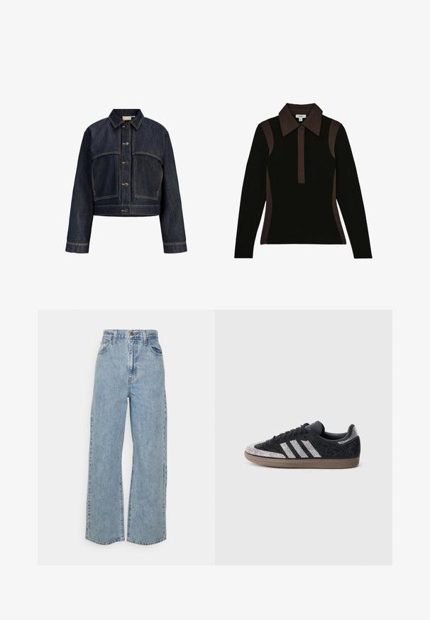 Mørkeblå cropped denimjakke med lange ærmer, lukning med knapper foran og kontrastsyninger.; Sort langermet polo skjorte med en kontrasterende brun krave og sidelapper. Stoffet virker glat med et tætsiddende design.; Lyseblå vidde denimjeans med høj talje, frontknap, lynlås og femlomme-design på ensfarvet baggrund.; Sort sneaker med glitrende sølvdetaljer og tre hvide striber. Har en lavt skåret model, tekstureret overdel og brun gummisål.