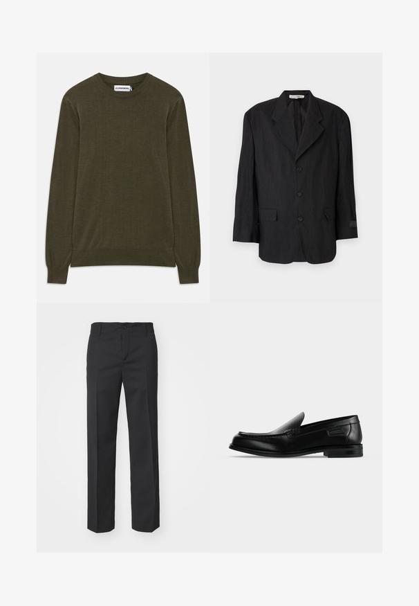 Zwarte blazer van textuurstof, met een notch lapel, zes knopen en twee zakken. De linkermouw heeft een labeldetail.; Donkergroene sweater met lange mouwen en geribbelde manchetten en onderkant. Gemaakt van zacht materiaal, met een klassieke ronde hals en een minimalistisch ontwerp.; Filippa K TROY TROUSERS - Broek - black; Zwarte leren instapschoen met lage hak, afgeronde neus en decoratieve stiksels langs de bovenrand.
