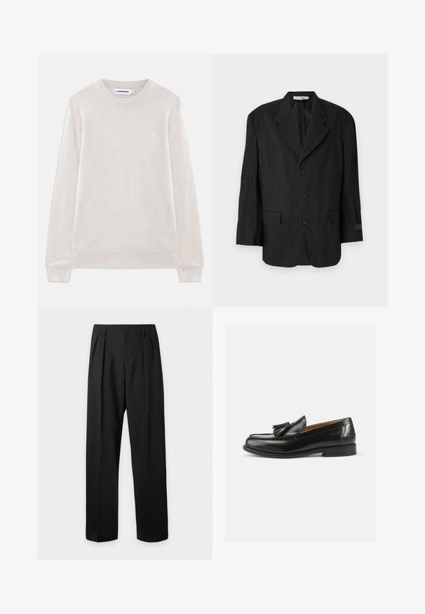 Sort blazer lavet af tekstureret stof, med en slagkrave, seks knapper og to lommer. Den venstre ærme har et etikette-detajle.; Lys beige langærmet crewneck sweater med ribbede manchetter og kant, subtilt logo på venstre bryst og J.Lindeberg-label indeni kraven.; Sorte skræddersyede bukser med høj talje, bæltestropper, frontfolder, knaplukning og lige vide ben på en lys baggrund.; Sorte læder loafers med en kvastdetalje, en rund dramatisk tå og en glat overflade. Sålens flade design har et minimalt mønster.
