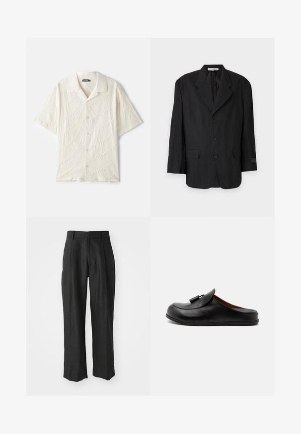 Sort blazer lavet af tekstureret stof, med en slagkrave, seks knapper og to lommer. Den venstre ærme har et etikette-detajle.; Kortærmet skjorte med knapper i off-white, der har et tekstureret stof med bølgelignende mønstre og en klassisk krave.; Sorte linnedragter med lige ben, der har særlige folder foran og en glat tekstureret finish.; Sort læder rygfri loafer med kvaster på toppen, vist fra siden på en lys ensfarvet baggrund.