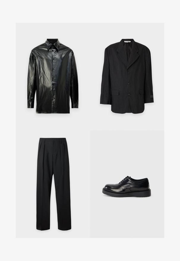 Schwarzer Blazer aus strukturiertem Stoff, mit einem Reverskragen, sechs Knöpfen und zwei Taschen. Der linke Ärmel verfügt über ein Etikett-Detail.; Schwarzes Hemd mit Knopfleiste und langen Ärmeln, aus glänzendem, glattem Material. Verfügt über einen klassischen Kragen und sichtbare Knopfleiste.; Schwarze hoch taillierte maßgeschneiderte Hose mit Gürtelschlaufen, vorderen Falten, Knopfverschluss und geraden, weiten Beinen auf hellem Hintergrund.; Schwarze Leder-Schnürschuhe mit abgerundeter Zehenpartie, glatter Oberfläche und einer dicken Gummisohle mit dezenten Rillen für besseren Halt.