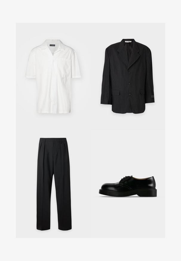 Schwarzer Blazer aus strukturiertem Stoff, mit einem Reverskragen, sechs Knöpfen und zwei Taschen. Der linke Ärmel verfügt über ein Etikett-Detail.; Kurzärmliges weißes Hemd aus Baumwollmischung, mit spitzem Kragen, Brusttasche und einem dezenten gestickten Akzent auf der linken Seite.; Schwarze formelle Hose mit Bundfalten, Gürtelschlaufen und Knopfverschluss in der Taille, vor einem einfarbigen hellen Hintergrund dargestellt.; Schwarzer, polierter Lederschnürschuh mit dicker Sohle, abgerundeter Spitze und niedrigem Absatz, von der Seite auf einfarbigem Hintergrund dargestellt.