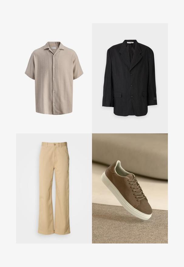 Blazer noir en tissu texturé, avec un revers cranté, six boutons et deux poches. La manche gauche présente un détail de label.; Chemise beige à manches courtes avec boutonnage, col de style camp, tissu texturé et étiquette Jack & Jones à l'intérieur de l'encolure.; Pantalon large beige en mélange coton. Fermeture par bouton et passants de ceinture. Texture lisse, avec des détails de couture minimaux.; Baskets en suede marron avec une texture lisse, un design à lacets et une semelle en caoutchouc blanc. Présente un bout arrondi et une forme épurée.
