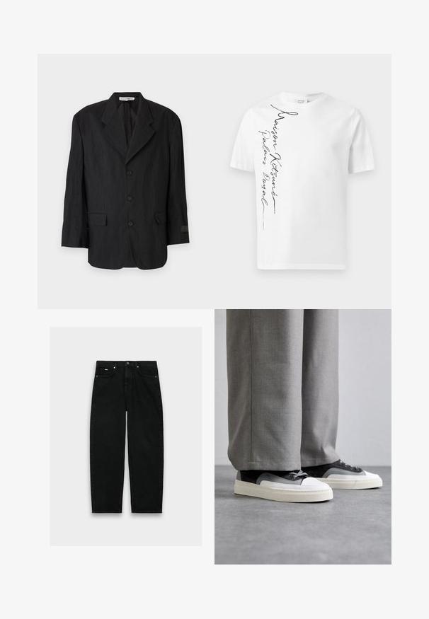 Zwarte blazer van textuurstof, met een notch lapel, zes knopen en twee zakken. De linkermouw heeft een labeldetail.; Wit T-shirt met ronde hals en korte mouwen, met verticale zwarte schreefloze tekst "Maison Kitsuné Palais Royal" aan de linkerkant.; Zwarte jeans met rechte pijpen en hoge taille, voorzien van vijf zakken, knoopsluiting en riemlussen, op een witte achtergrond.; Filling Pieces RIVIERA - Sneakers laag - grey