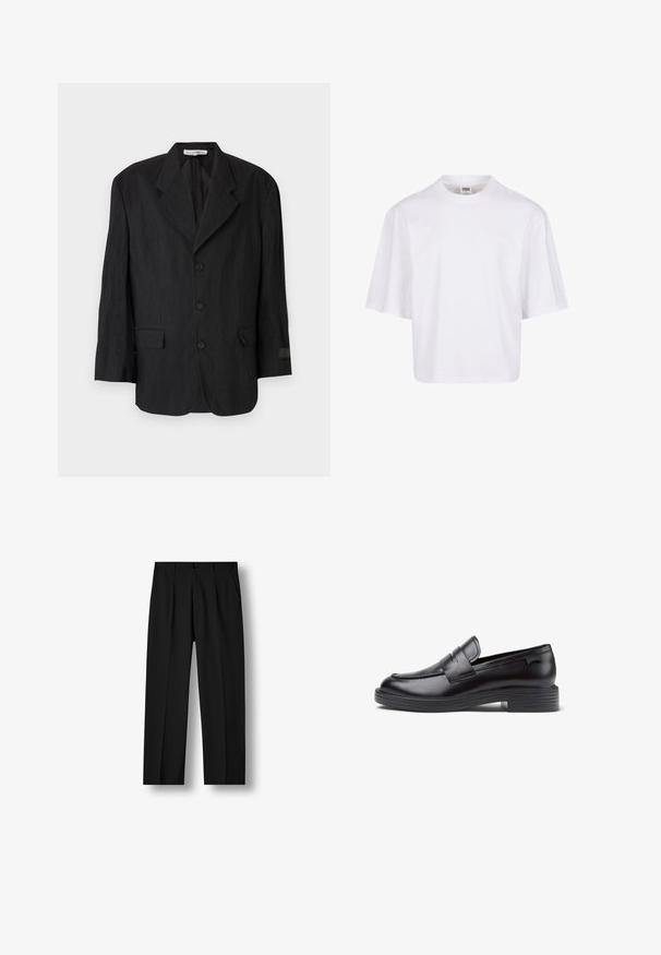 Blazer noir en tissu texturé, avec un revers cranté, six boutons et deux poches. La manche gauche présente un détail de label.; T-shirt blanc à manches courtes avec un col rond et une coupe décontractée, fabriqué à partir d'un tissu en coton mélangé doux. Aucun motif ni embellissement.; Pantalon noir droit avec plis devant, taille boutonnée et poches latérales sur un fond blanc uni.; Loafer en cuir noir avec un petit talon rainuré, bout rond, accents de couture décoratifs et un détail de sangle à l'avant. Texture lisse.