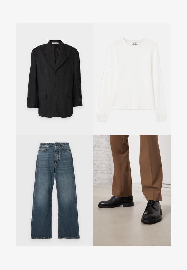 Sort blazer lavet af tekstureret stof, med en slagkrave, seks knapper og to lommer. Den venstre ærme har et etikette-detajle.; Hvid langærmet ribstrikket top med rund halsudskæring og tætsiddende manchetter. Har et mærke med teksten "PAUL & JOE" ved kraven.; Højtaljede, brede ben blå jeans med forlommer, bælteløkker og knaplukning, lavet af medium-vasket denim.; Sorte læder sko med glat overflade og rund tå, der har snørebåndslukning og en lav, flad sål. Sammen med brune bukser.