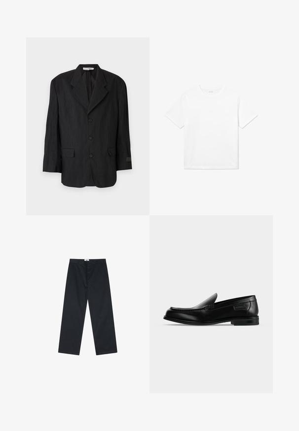 Blazer noir en tissu texturé, avec un revers cranté, six boutons et deux poches. La manche gauche présente un détail de label.; T-shirt en coton blanc avec des manches courtes, un col rond et un ourlet droit. Texture lisse sans motifs ni accents visibles.; Pantalon en coton noir avec une coupe droite, doté d'une fermeture à bouton et d'une taille simple. Sans motifs ni accents supplémentaires.; Mocassin noir en cuir à enfiler avec un petit talon, un bout arrondi et des surpiqûres décoratives le long du bord supérieur.