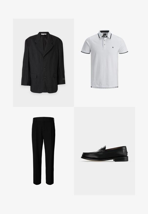 Schwarzer Blazer aus strukturiertem Stoff, mit einem Reverskragen, sechs Knöpfen und zwei Taschen. Der linke Ärmel verfügt über ein Etikett-Detail.; Weißes Poloshirt aus strukturiertem Stoff, kontrastierender schwarzer Kragen und Ärmelabschlüsse, Knopfleiste mit drei Knöpfen und kleinem Logo auf der Brust.; Schwarze formelle Hose mit Gürtelschlaufen, Frontknopf und Reißverschluss, vor weißem Hintergrund dargestellt.; Schwarzer Leder-Herrenschuh (Loafer) mit niedrigem Absatz und Mokassin-artiger Naht am Zehenbereich, seitlich auf einfarbigem Hintergrund dargestellt.
