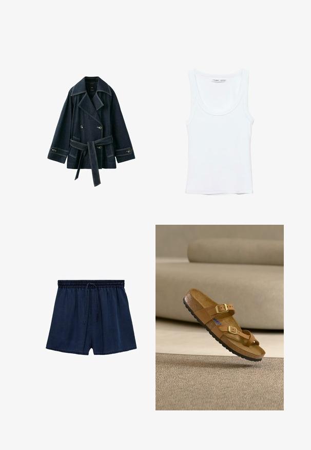 Veste en denim bleu foncé à double boutonnage avec larges revers, taille ceinturée, poignets à boutons et poches avant.; Débardeur blanc uni sans manches avec encolure arrondie, fabriqué en tissu doux, étiquette à l'intérieur du col indiquant la marque et la taille.; Shorts bleu marine en tissu léger, dotés d'une taille élastique avec cordon de serrage et d'une coupe décontractée. L'ourlet est légèrement effiloché.; Sandale marron avec deux brides réglables et boucles dorées, semelle intérieure en liège et semelle extérieure en caoutchouc noir, positionnée au-dessus d’un tapis texturé.