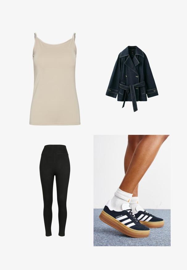 Mørkeblå denim dobbeltradet jakke med brede revers, bælte i taljen, knaplukning ved ærmerne og forlommer.; Beige tanktop lavet af glat stof, med tynde stropper og et enkelt, fitted design med en ren udskæring og uden mønstre.; Sorte leggings med høj talje, lavet af strækbart stof for en tætsiddende pasform, med en glat tekstur og uden synlige sømme.; Ben iført hvide sokker og sorte Adidas Gazelle sneakers med hvide striber og tykke brune såler på et gråt tæppe.