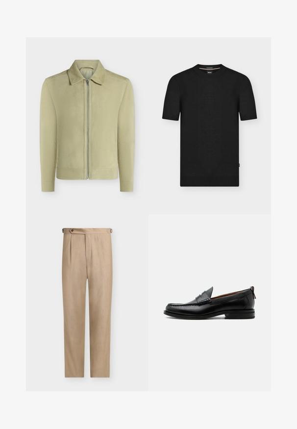 Veste en daim beige clair avec col pointu, manches longues et fermeture zippée sur le devant, présentée sur fond blanc uni. Aucun logo visible.; Pull noir en maille à manches courtes avec col rond côtelé, poignets et ourlet, avec une petite étiquette latérale et une étiquette intérieure de col de marque.; Pantalon beige taille haute, ajusté, avec un pli côté gauche et des pattes de réglage boutonnées de chaque côté.; Mocassin homme en cuir noir avec couture moc toe, bride penny, col texturé et petit talon empilé sur fond blanc.