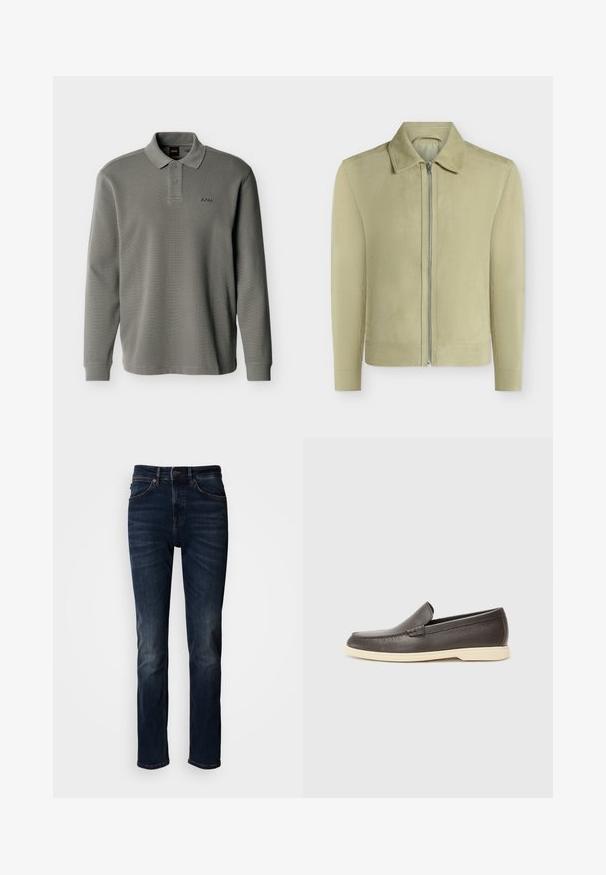 Veste en daim beige clair avec col pointu, manches longues et fermeture zippée sur le devant, présentée sur fond blanc uni. Aucun logo visible.; Polo à manches longues gris avec deux boutons et texture côtelée, arborant un petit logo "BOSS" brodé sur la poitrine gauche.; Jean denim bleu foncé à coupe droite, avec un design traditionnel à cinq poches, des coutures visibles et une fermeture bouton à la taille.; Chaussures à enfiler en cuir marron avec une surface texturée et une semelle beige clair contrastante, présentant un bout arrondi et de minimalistes détails de couture.