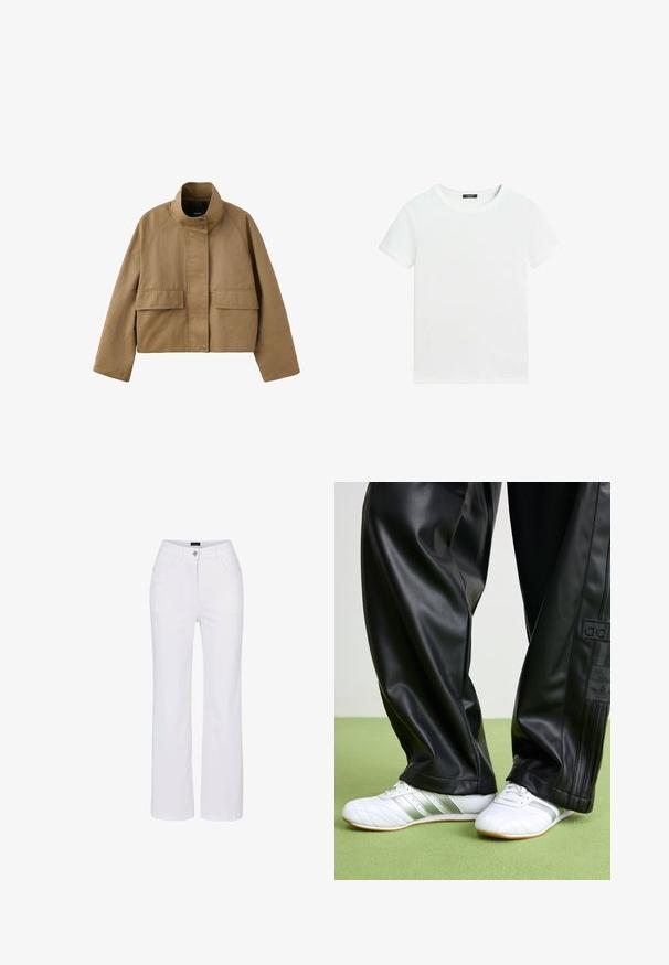 Hellbraune kurze Jacke mit hohem Kragen, vorderen Klappentaschen, langen Ärmeln und Knopfverschluss vor weißem Hintergrund.; Schlichtes weißes T-Shirt mit kurzen Ärmeln, rundem Halsausschnitt und einem kleinen schwarzen Etikett innen am Kragen.; Weiße Baumwollhose im schmalen Schnitt, mit zwei Fronttaschen, einem einzelnen Knopfverschluss und einer klaren, glatten Oberfläche.; Schwarze Kunstlederhosen mit einer lockeren Passform, die eine glatte Textur und seitliche Streifen aufweisen. Kombiniert mit weißen Sneakers mit silbernen Akzenten.