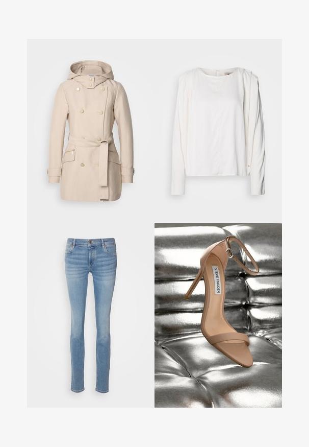 Beige Trenchcoat mit Kapuze, doppelt knöpfendes Design, große Knöpfe, Bindegürtel in der Taille und seitliche Reißverschlusstaschen. Glatte Textur des Stoffes.; Weißes Langarmbluse mit rundem Ausschnitt, weichem Material, subtilen Falten an den Schultern und einem kleinen goldenen Akzent nahe dem Bündchen.; Hellblaue Slim-Jeans aus Denim mit einem klassischen Fünf-Taschen-Design, mittlerer Bundhöhe und subtilen Waschungen entlang der Beine.; Nudefarbene High-Heel-Sandale mit Knöchelriemen und einer glatten, glänzenden Textur, vor einem metallisch silbernen, gepolsterten Hintergrund.