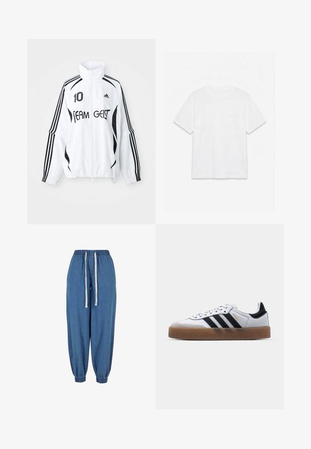 Veste blanche avec accents noirs, dotée d'un col haut, d'un zip à l'avant, du logo Adidas, d'un grand imprimé "10" et du texte "TEAM GEIST". три строчки.; T-shirt blanc uni à manches courtes et col rond, posé à plat sur un fond blanc.; Pantalon de jogging en denim bleu avec taille élastique et poignets, avec des cordons blancs à la taille.; Baskets en cuir blanc avec des rayures noires, semelle extérieure en caoutchouc beige, bout rond, fermeture lacée et embout en suède gris doux.