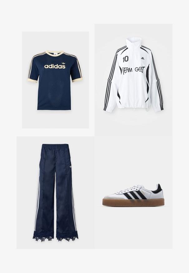 Balts žakets ar melniem akcentiem, ar augstu apkakli, ar rāvējslēdzēja fronti, Adidas logo, lielu "10" izdruku un tekstu "TEAM GEIST". Trīs rindas.; Tumši zilas Adidas tīkla īsām piedurknēm krekls ar krēmkrāsas apdari, trim krēmkrāsas svītrām uz piedurknēm un Adidas logotipu uz krūtīm.; Tumši zili sporta bikses ar platām kājām, baltas sānu svītras, elastīgu jostasvietu, adidas logotipu uz gurna un mežģīņu apdari apakšmalā.; Baltas ādas kedas ar melnām svītrām, gumijas zole, apaļa purngala forma, auklu aizdare un maigs pelēks zamšs uz purngala.