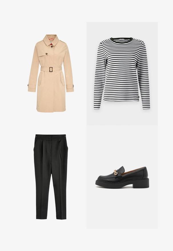 Beiger Trenchcoat mit tailliertem Gürtel, Knopfverschluss, zwei seitlichen Taschen und klassischem Kragen. Hergestellt aus glattem, leichtem Stoff.; Langarmshirt in Schwarz-Weiß-Streifen mit einem abgerundeten grünen Ausschnitt. Weicher Stoff mit regulärer Passform und geradem Saum.; Schwarze Hose mit hoher Taille aus glattem Material, mit Falten, zwei Taschen und Knopfverschluss. Schmal zulaufendes Bein.; Schwarzer Leder-Slipper mit einer klobigen Plateausohle, verziert mit einer goldfarbenen Kettenakzent und sichtbaren Nahtdetails. Glatte Textur und elegantes Design.