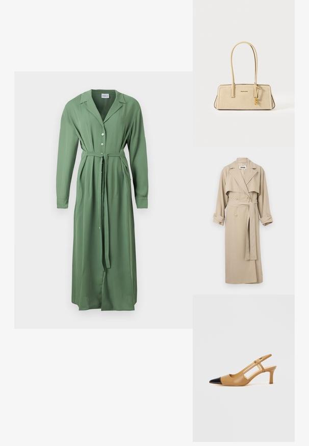 Long manteau trench beige avec larges revers, boutons croisés, taille ceinturée et poignets boutonnés suspendu sur un fond blanc.; Robe longue boutonnée vert sauge avec col, manches longues, poches latérales et ceinture à nouer à la taille.; Escarpins slingback couleur fauve avec embout pointu noir, côtés découpés et talon bloc de hauteur moyenne. Matière en cuir lisse.; Sac à main rectangulaire beige avec de longues anses, texture lisse et en suède, logo doré et breloque décorative dorée accrochée à une anse.