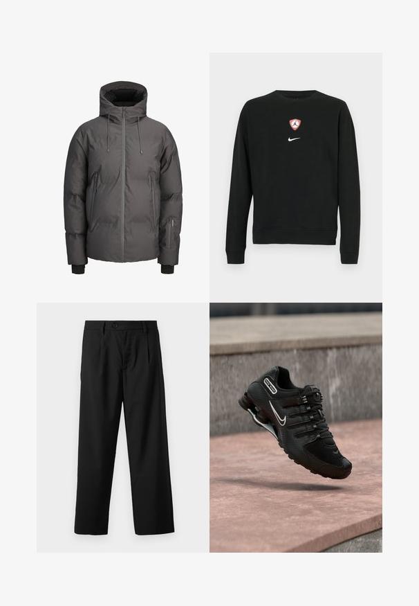 Polstret, hættejakke i mørkegrå, med en frontlynlås, justerbar snoretræk og to sidelommer med lynlås. Glat tekstur.; Sort sweatshirt i bomuldsblanding med et centralt rødt og hvidt Jordan-logo i form af et skjold og et hvidt Nike-logo nedenunder. Rund hals og lange ærmer.; Sorte bukser med lige pasform, der har en enkelt knaplukning, to for-lommer og en glat, let stofstruktur.; Sort Nike Shox løbesko med hvid swoosh-logo, midt i luften over en rosa betonoverflade mod en grå stenmur som baggrund.