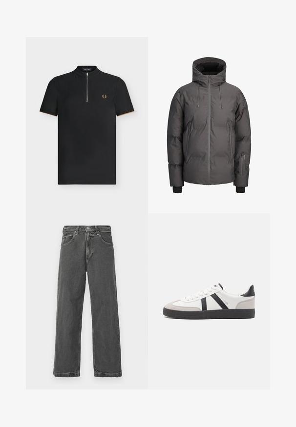 Veste à capuche rembourrée de couleur gris foncé, avec une fermeture éclair à l'avant, un cordon de serrage ajustable et deux poches latérales à fermeture éclair. Texture lisse.; Polo noir à manches courtes avec demi-fermeture éclair, tissu texturé, petit logo laurier doré sur la poitrine et bordure marron discrète aux extrémités des manches.; Jean en denim gris avec une coupe droite, cinq poches et une fermeture à bouton. Présente un léger effet d'usure et une texture légèrement vieillie.; Baskets blanches avec des accents noirs et gris, présentant un embout texturé gris, une semelle en caoutchouc noir et des lacets plats blancs. Design épuré, style minimaliste.